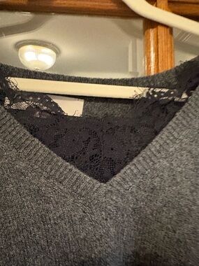 LOFT Gray V-Neck Sweater with Black Lace Inset